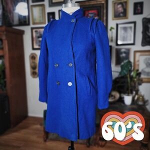 Vintage 60s Betsy B Blue Wool Coat Double Breasted Mod Jacket Womens Union Made